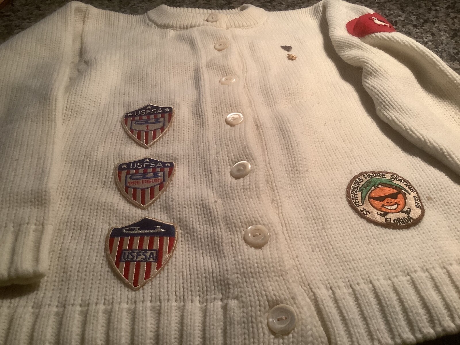 Vintage skating sweater, with old patches and pins! 19 inches pit to pit! COOL!