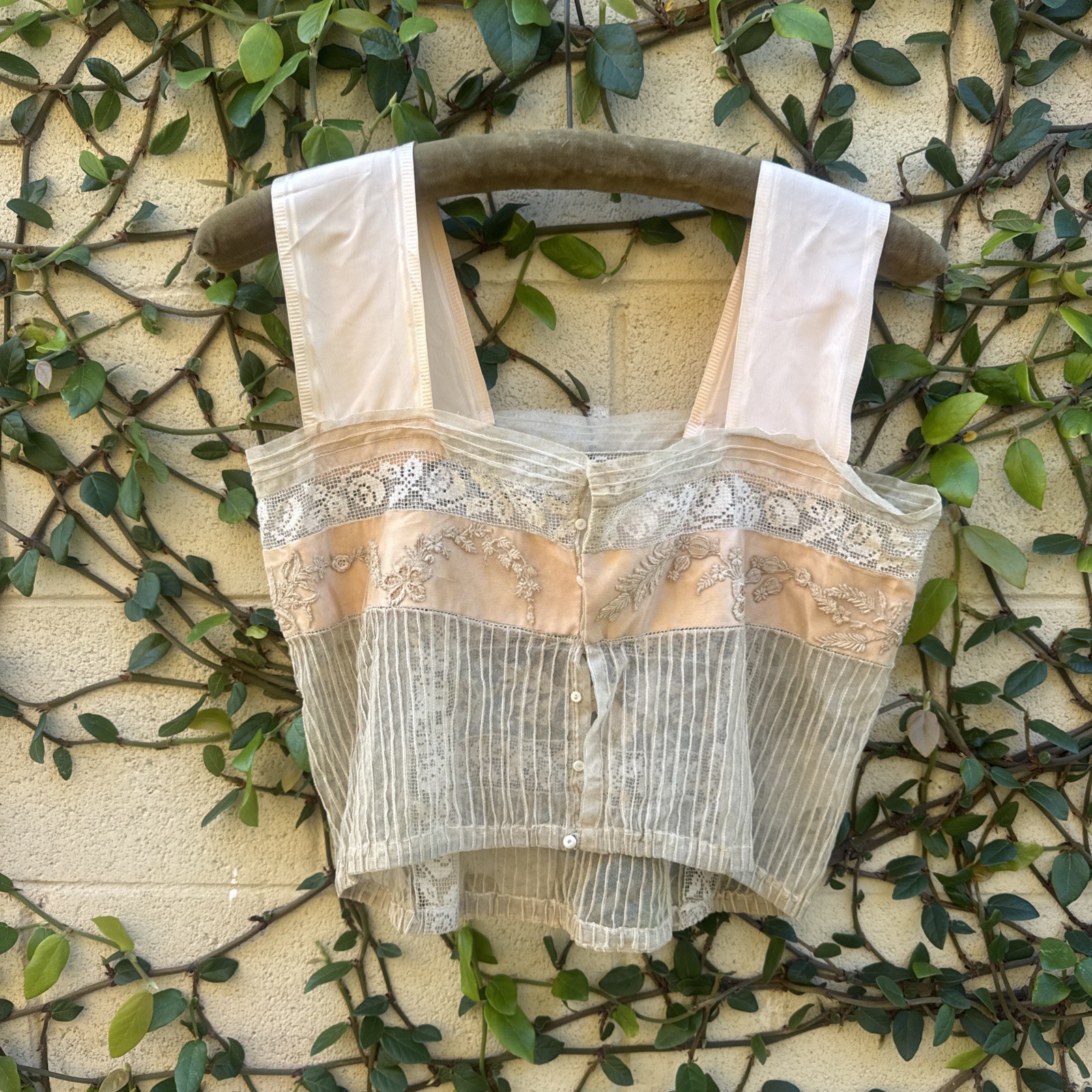 Antique Edwardian Mixed Net Lace Camisole Silk Flowers Dress Blouse Vintage