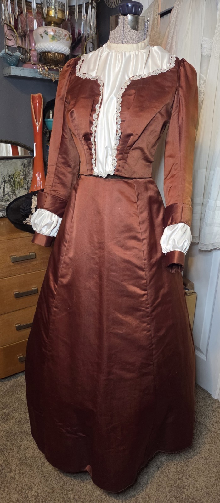 Victorian Copper Silk Blend Walking Suit w/ Ivory Taffeta Inserts & Pearl Trim