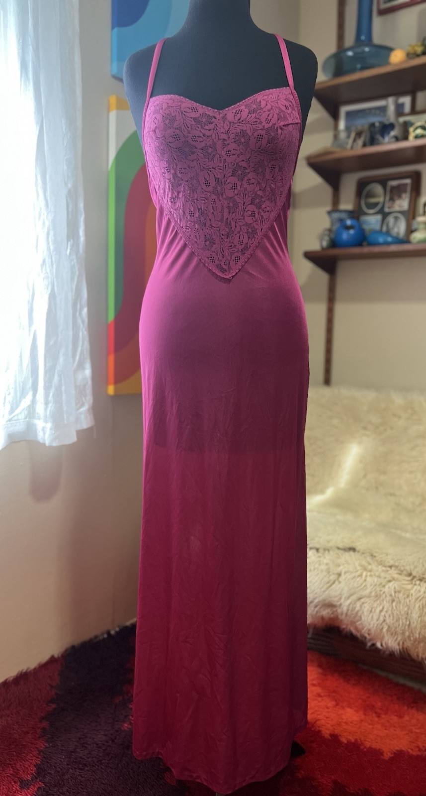 Vtg Olga Style Undercover Wear Magenta Pink Full Sweep Silky Nylon Gown S USA