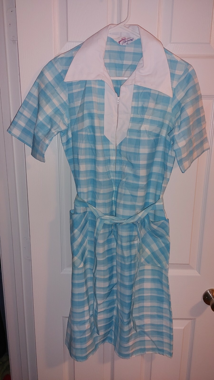 Vintage 50s 60s Skimma Plaid Gingham Blue House Dress Half Zip Size 10-12 w Sash