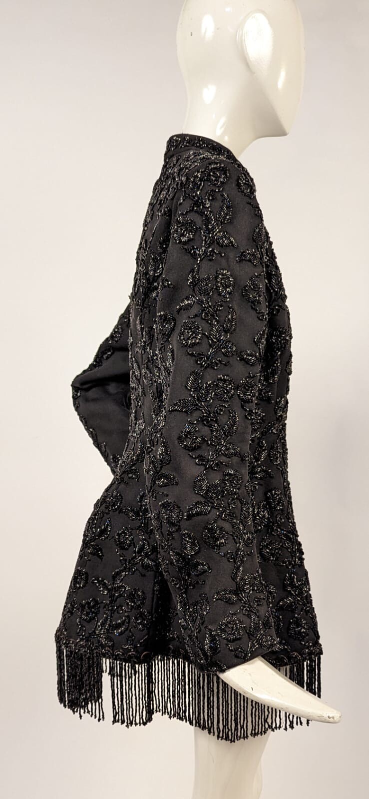 VICTORIAN 1880’S VERY HEAVY WOOL BUSTLE JACKET W FLORAL JET BEAD + FRINGE