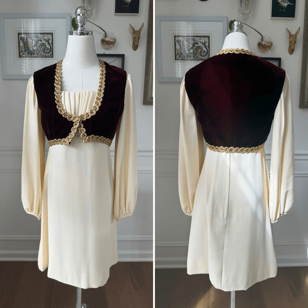 Vintage 60s Hippie Renaissance Ivory Empire Waist Mini Dress Red Velvet Bodice V