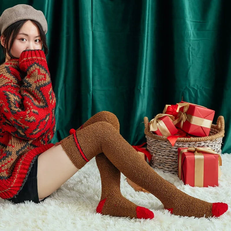 Festive Fleece Lined Thigh High Socks for Women, Christmas Winter Crew Sock