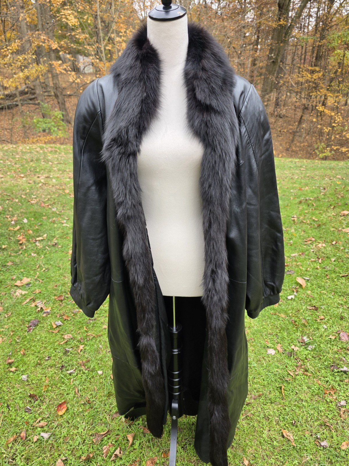 Vtg E Wear Black Long Lambskin Leather Coat With Fox Fur SZ 2X Plus Size Mob