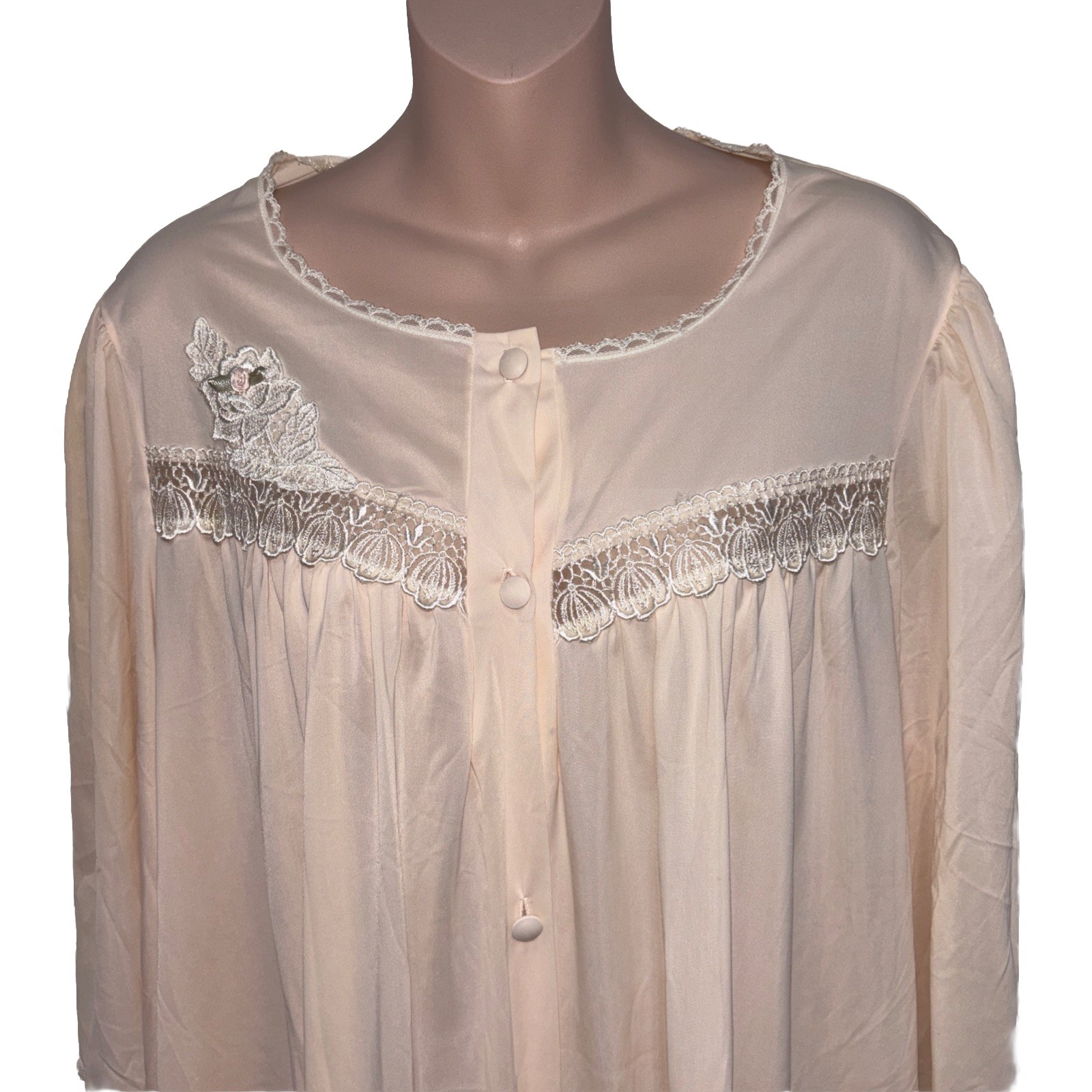 VTG LORRAINE LIGHT PEACH BUTTON FRONT SHEER NYLON NIGHTGOWN ROBE USA 1X LACE