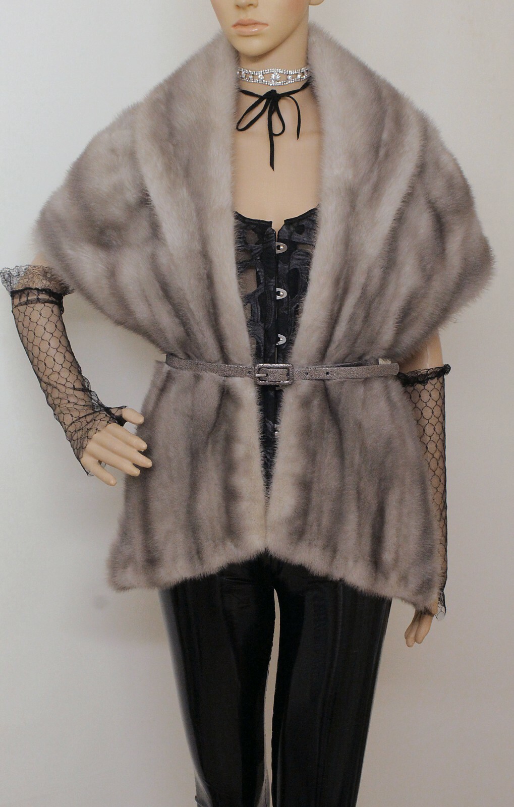 REAL MINK FUR BLUE SILVER GREY LARGE STOLE CAPE WRAP BOLERO JACKET VISONE