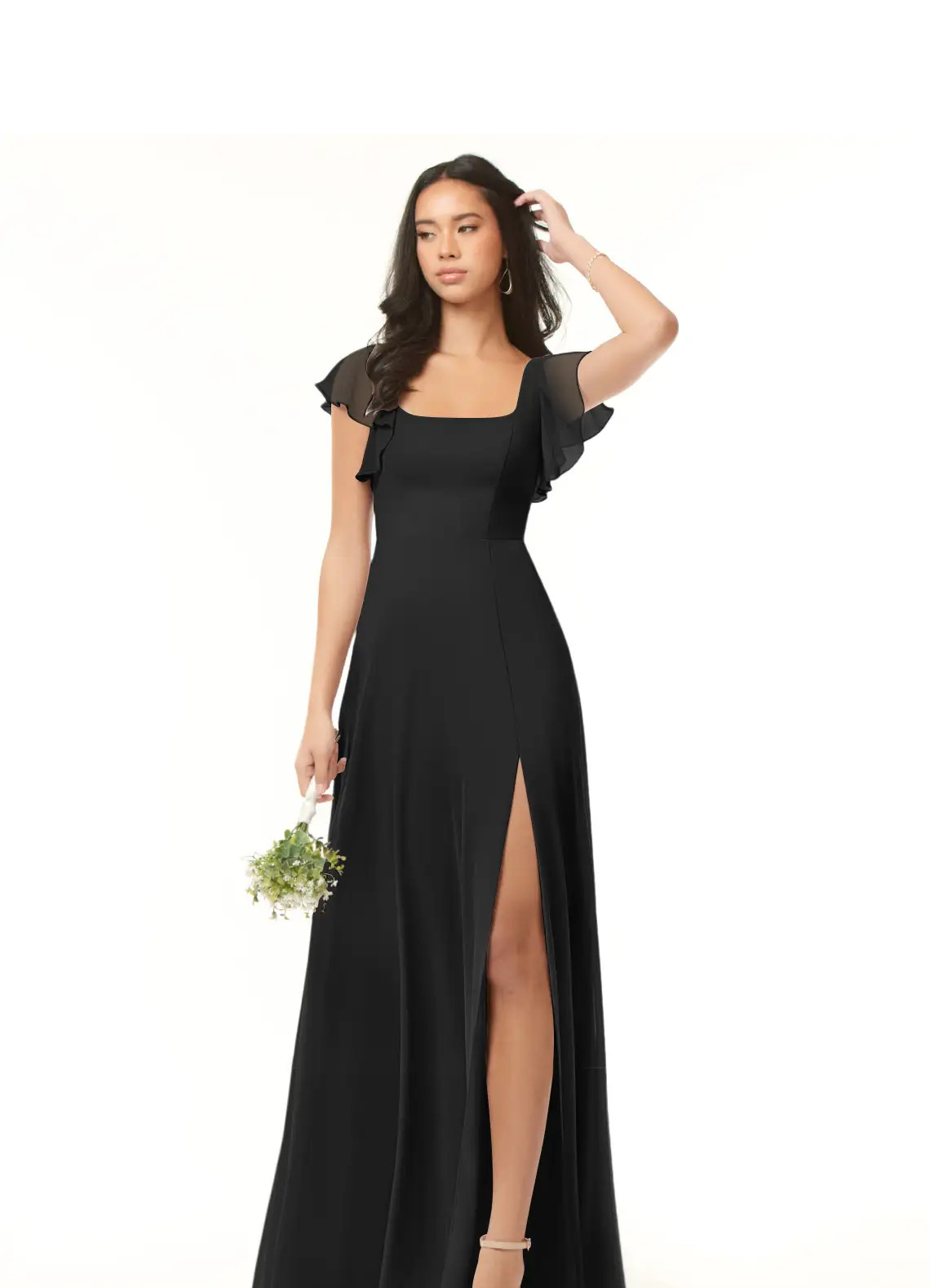 Azazie – Black A-Line Ruffled Chiffon Dress – All Size – Hot- FreeShip