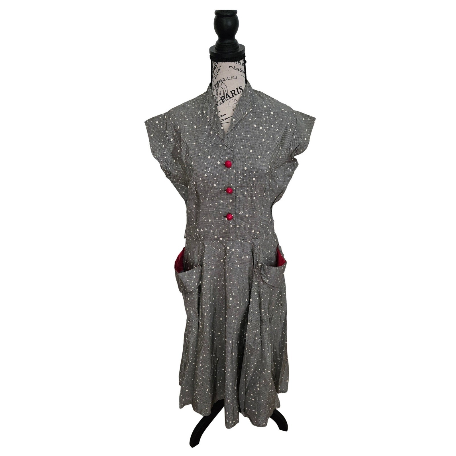 Vintage 50s Grey Atomic Splatter Dot Cotton Dress Red Lined Pockets Rockabilly