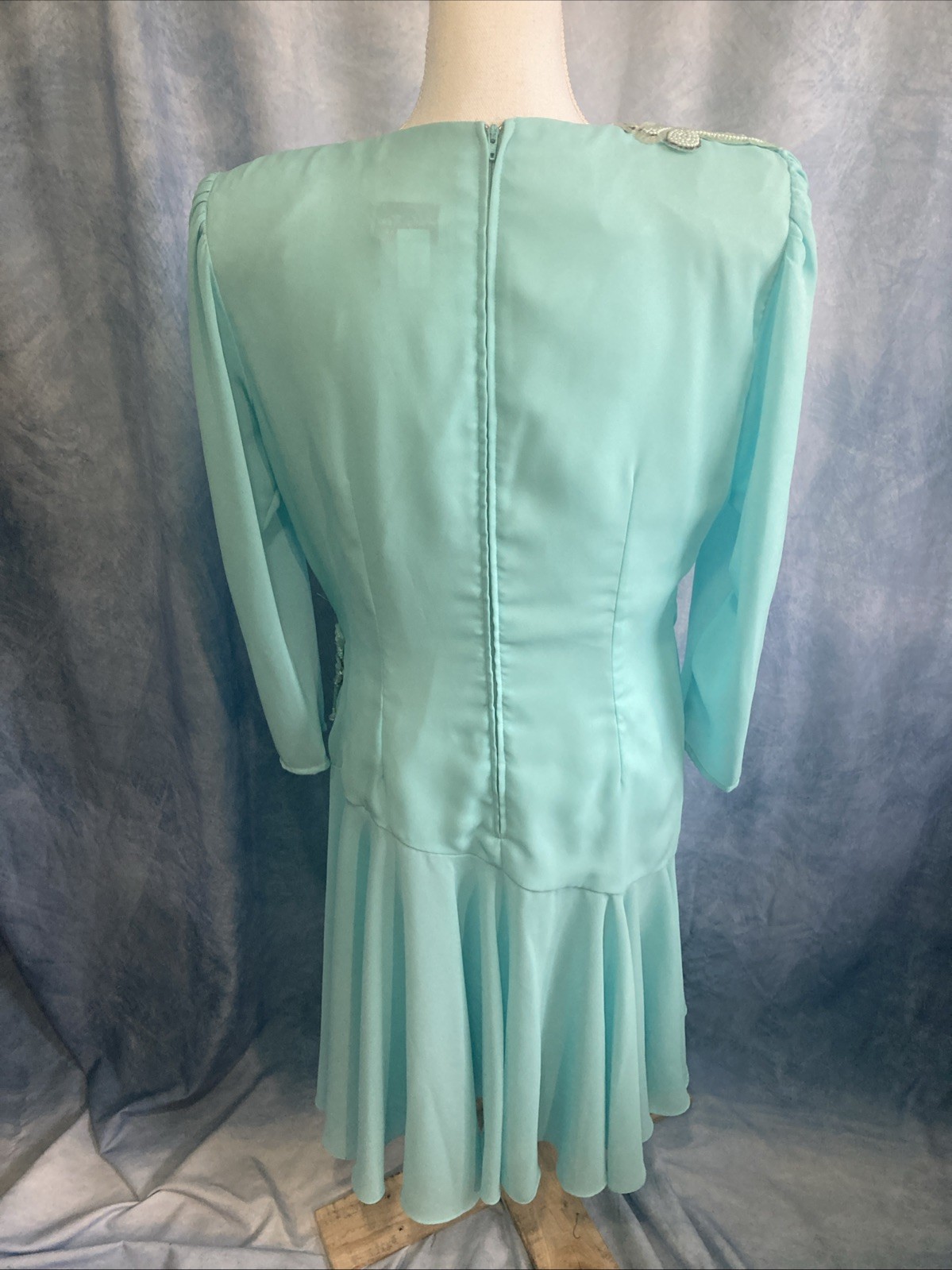 VTG 80s Abby Kent Aqua Mint Beaded Draped Cocktail Dress Ruched Fit Modern Small