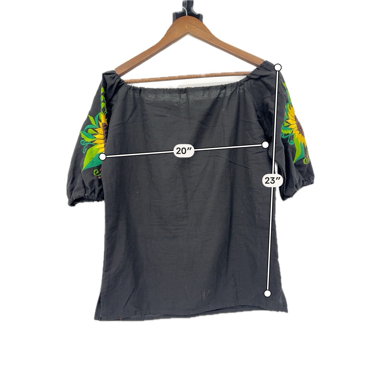 Mexican floral hand embroidery blk sunflower huipil blouse tunic cinco de mayo