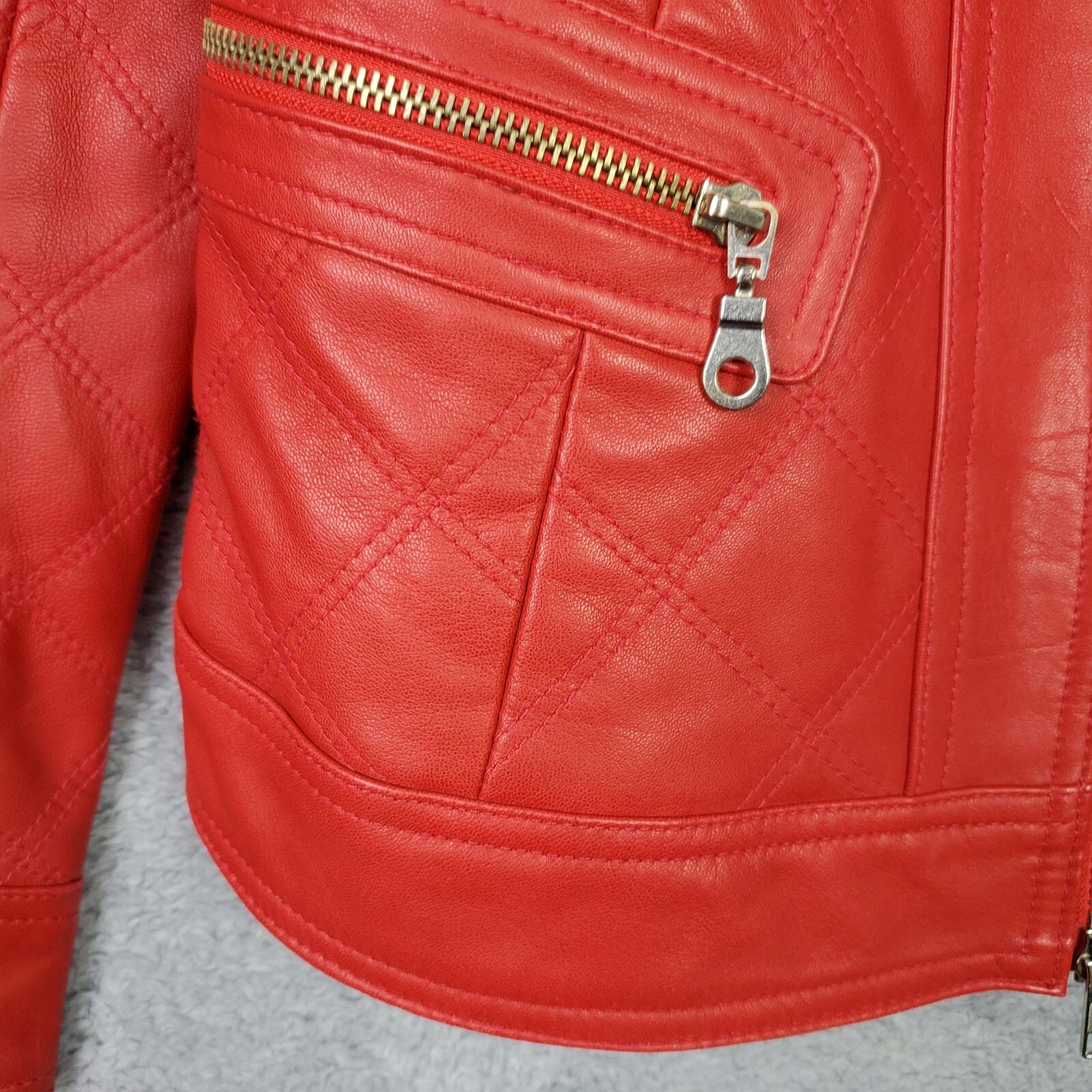 Vintage Womens Crop Lamb Leather Jacket XS Red Biker Harley Moto Full Zip Pocket