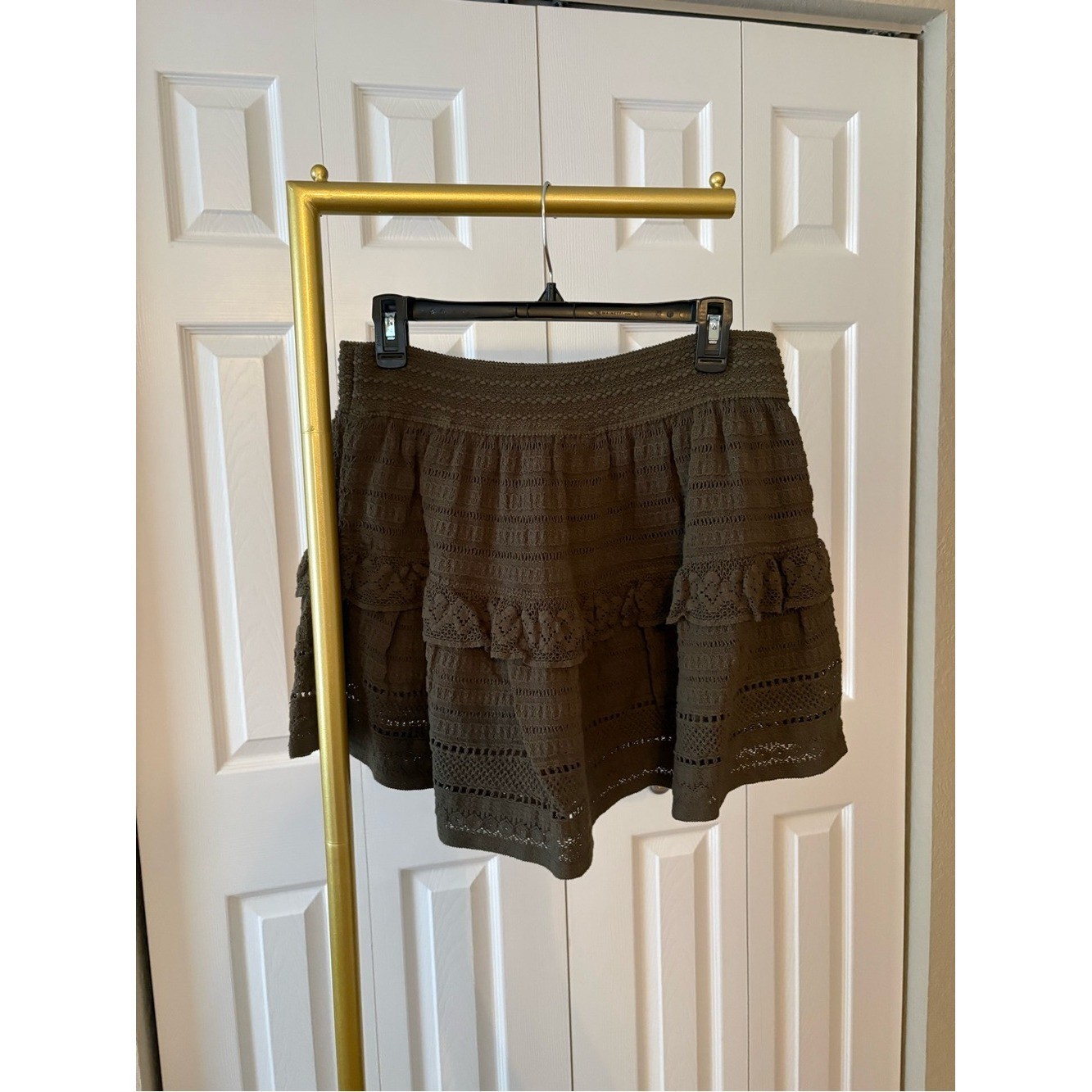 Crochet Mini Skirt Cotton Ruffled Olive Green Cottagecore Feminine Grunge Size L
