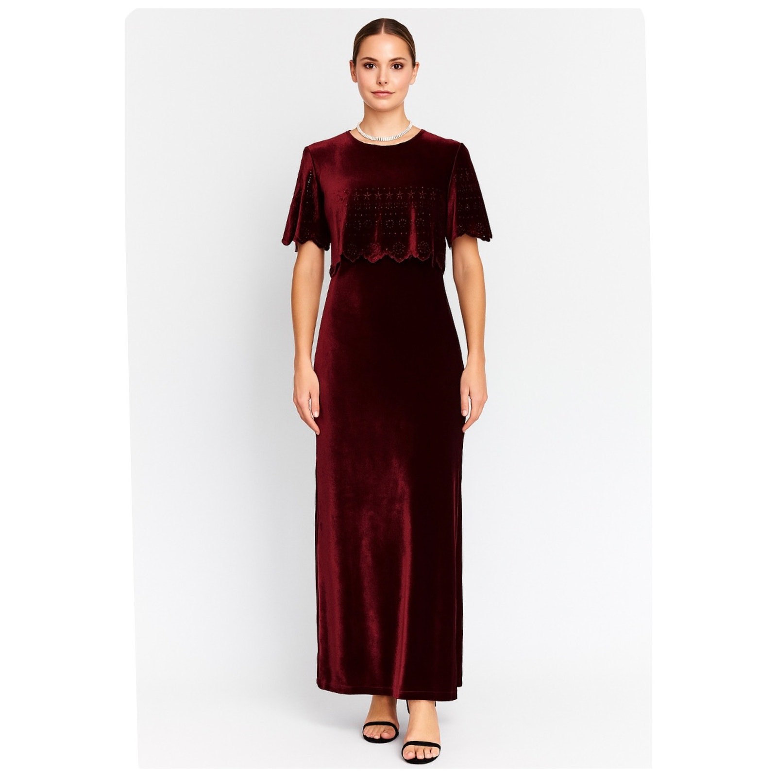 Vintage 90s Burgundy Velvet Column Gown Scallop Eyelet Overlay Maxi Dress Sz 14