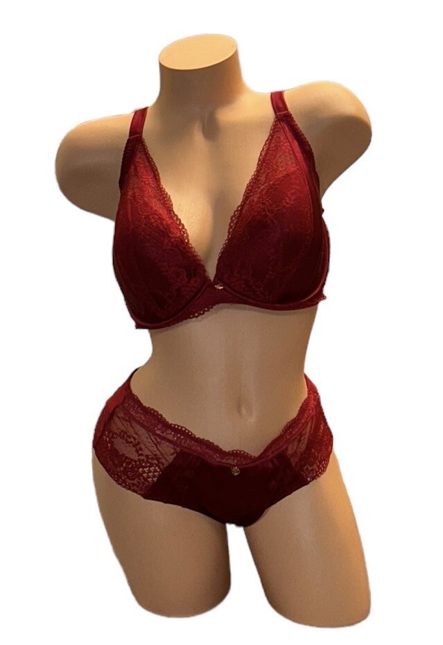 2PC AUTOGRAPH Deep Red Shiny Silky Sheer Satin Lace Panties & Bra 38DD NWOT