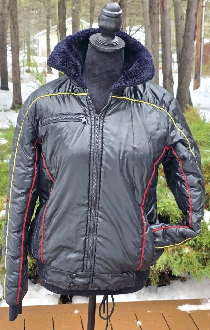 Rare VTG 80s AMI Black Shiny Puffer Bomber Ski Jacket Red Yellow Piping Y2K SM