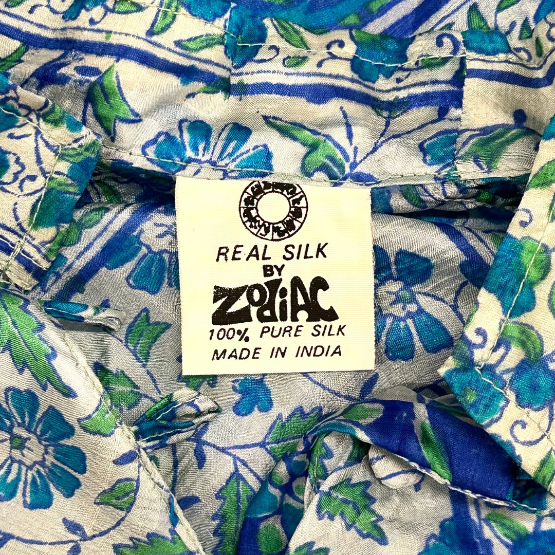 Vintage 1970s Zodiac Silk Cerulean Blue Midi Dress Caftan with Angel Sleeves