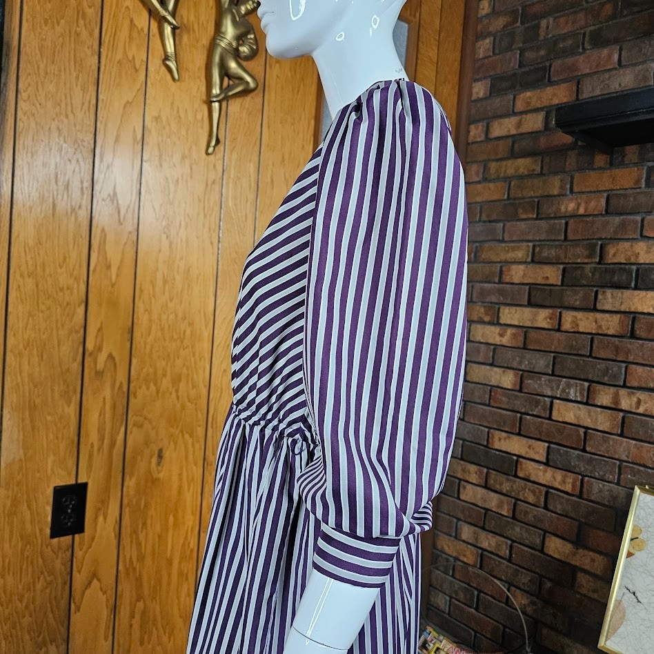 Vintage 80s Contrast Stripe Puff Balloon Sleeve Secretary Office Day Dress XS/S