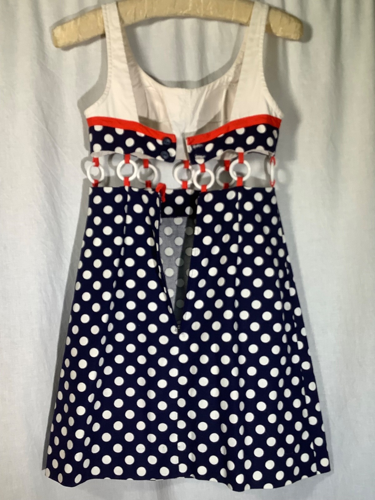 Vintage ring Mini Dress 5 beach party 60s polka dot Midriff red white blue XXS