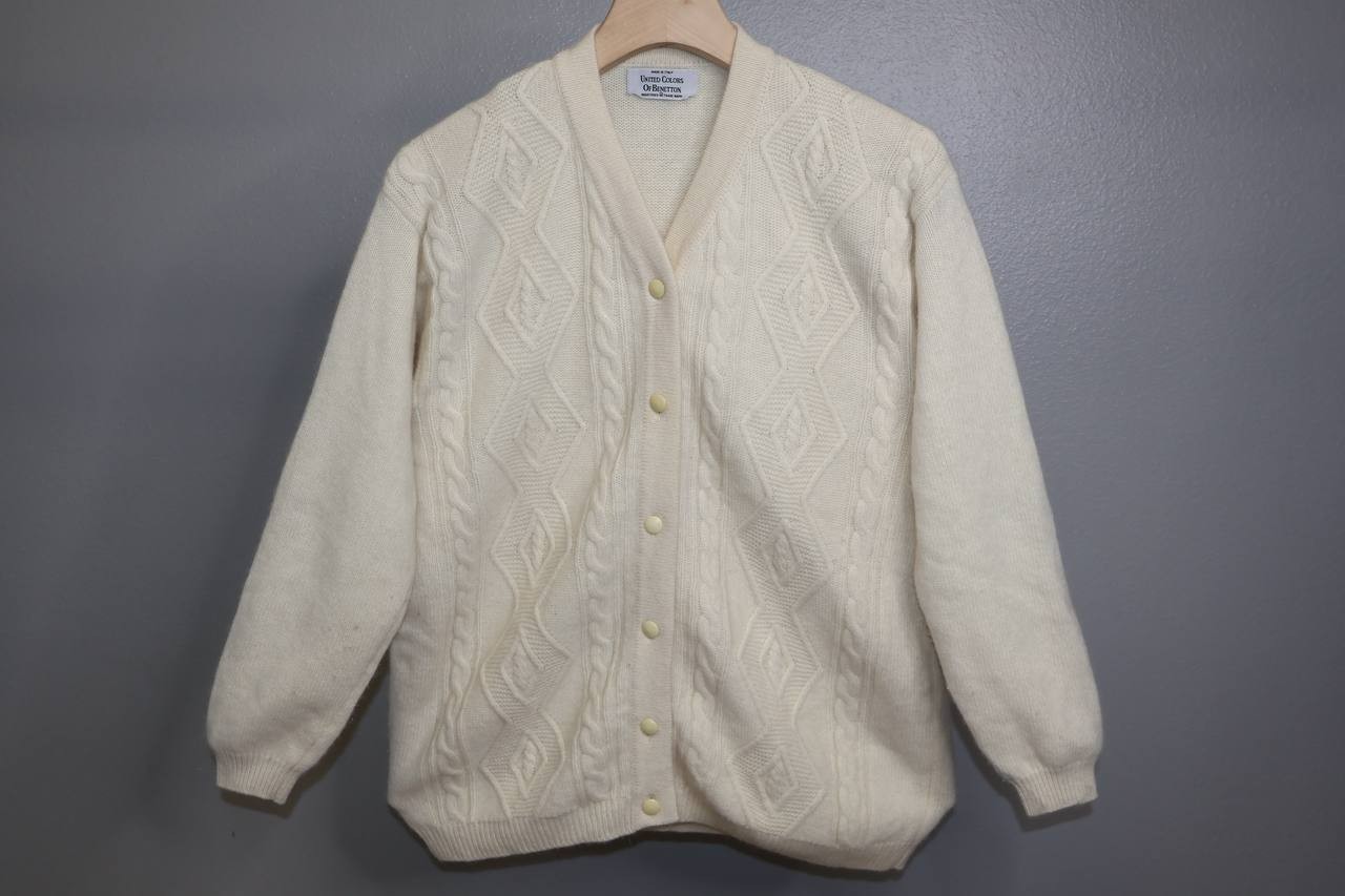 Vintage United Colors of Benetton Wool Cardigan Sweater White M Made in Italy