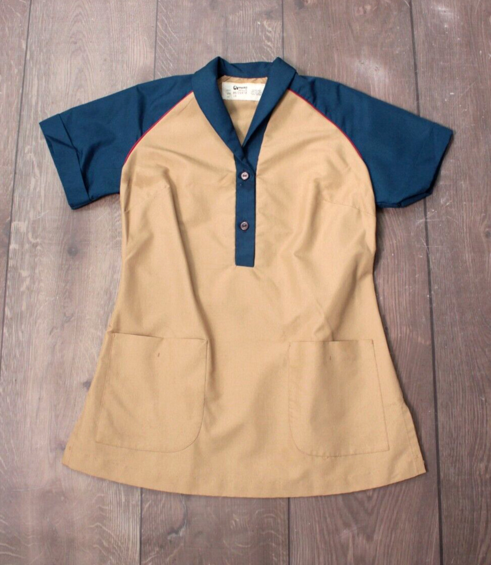 Vtg 70s 80s Tan & Blue Waitress Uniform Top Tunic 1970s 1980s Dress Angelica XL