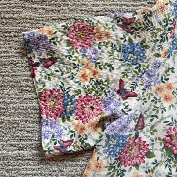 Bon Worth Button Up Shirt Retro Crinkle Fabric Floral Butterflies Camp Collar 1X