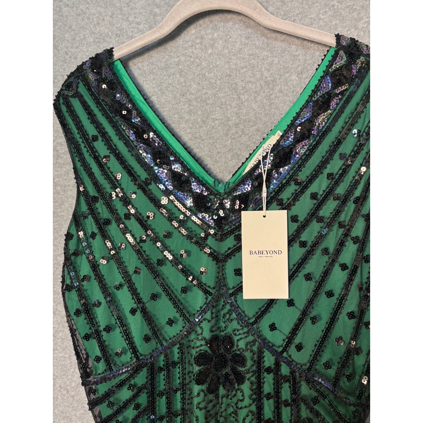 BABEYOND Green Black Sequin Fringe Flapper Dress Gatsby Art Deco 1920s NWT 2XL