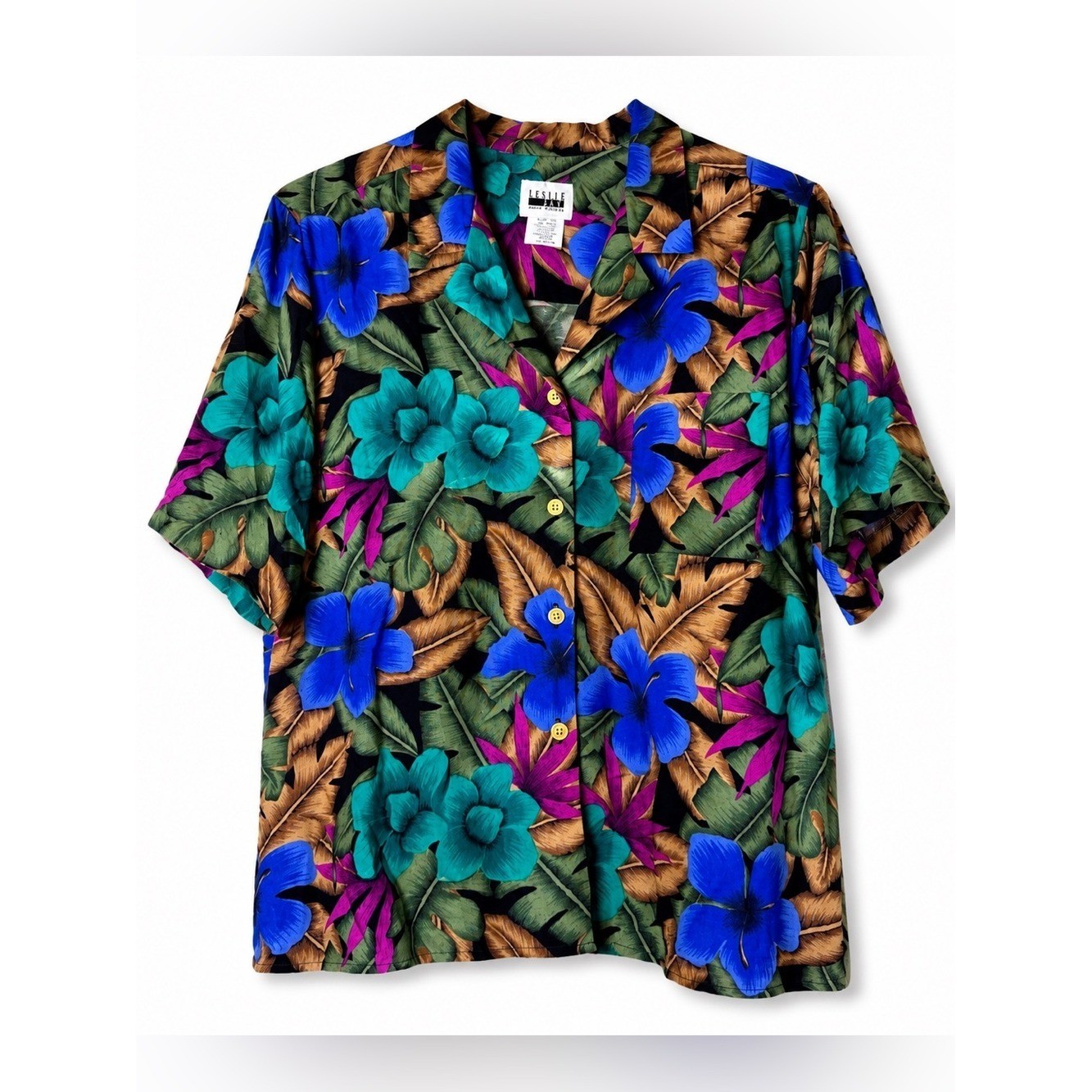 Vintage Leslie Fay Tropical Hawaiian Floral Rayon Button Camp Shirt Women&rsquo;s 18