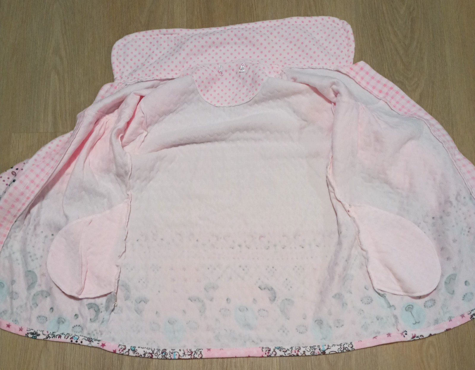 Vtg Quilted Teddy Bear Multi Print Peter Pan Collar Nursery Warm Jacket pink M L