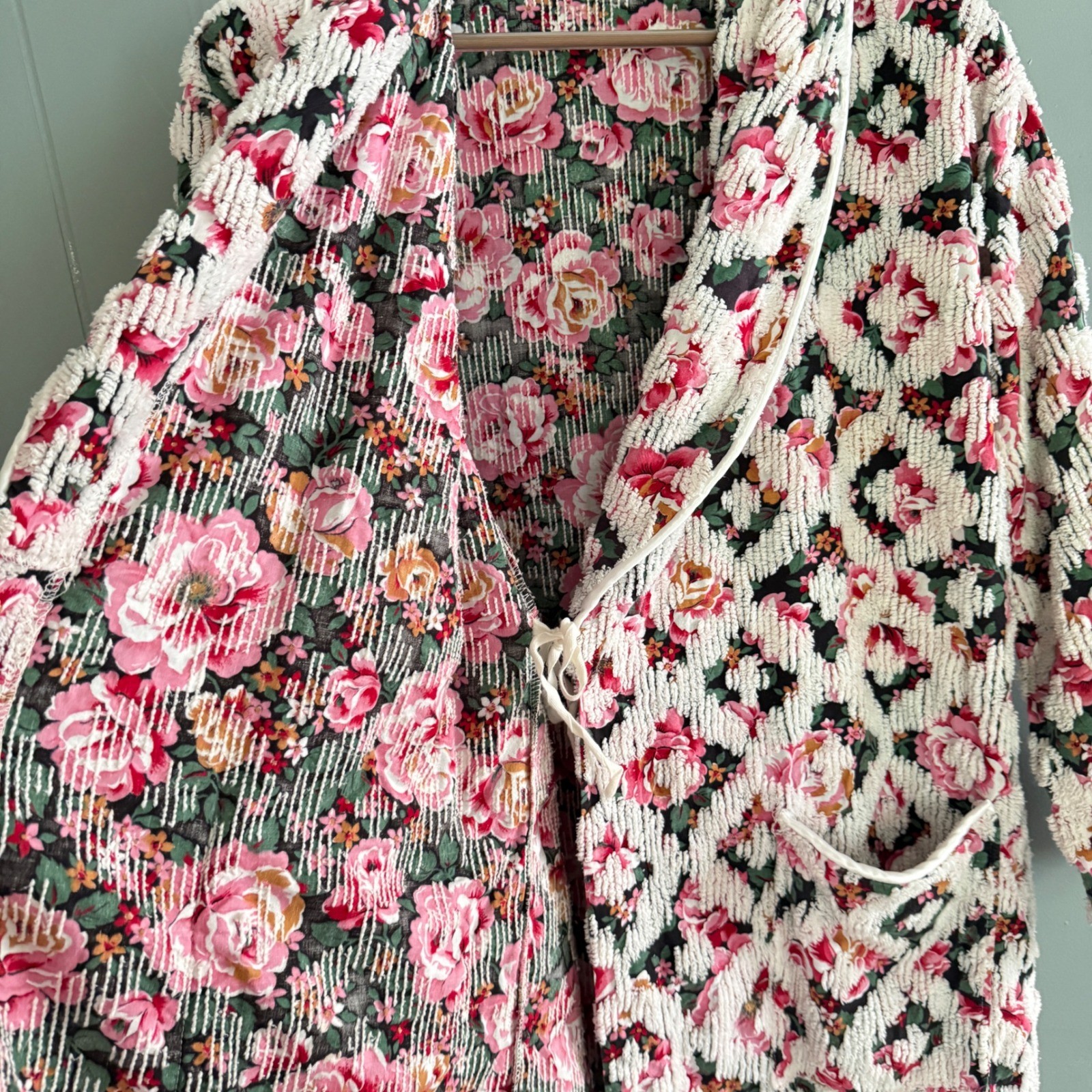 Vtg Stan Herman Herbcraft Chenille Floral Robe Housecoat Pink Rose Cottagecore