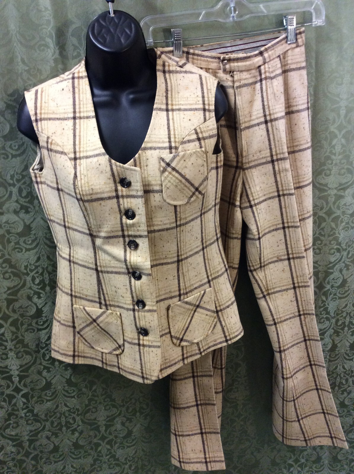 wool Suit XS 34 top 22X28.5 pant tan Brown 2 Piece Pant Suit Vintage 70&rsquo;s plaid