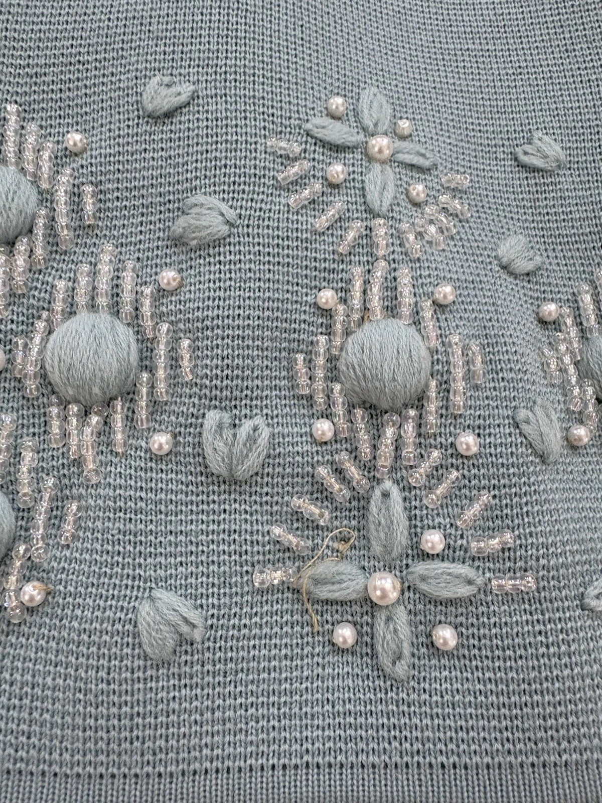 VTG Marshall Fields Skirt Suit Set Womens Large Powder Blue Wool Beaded Pearls