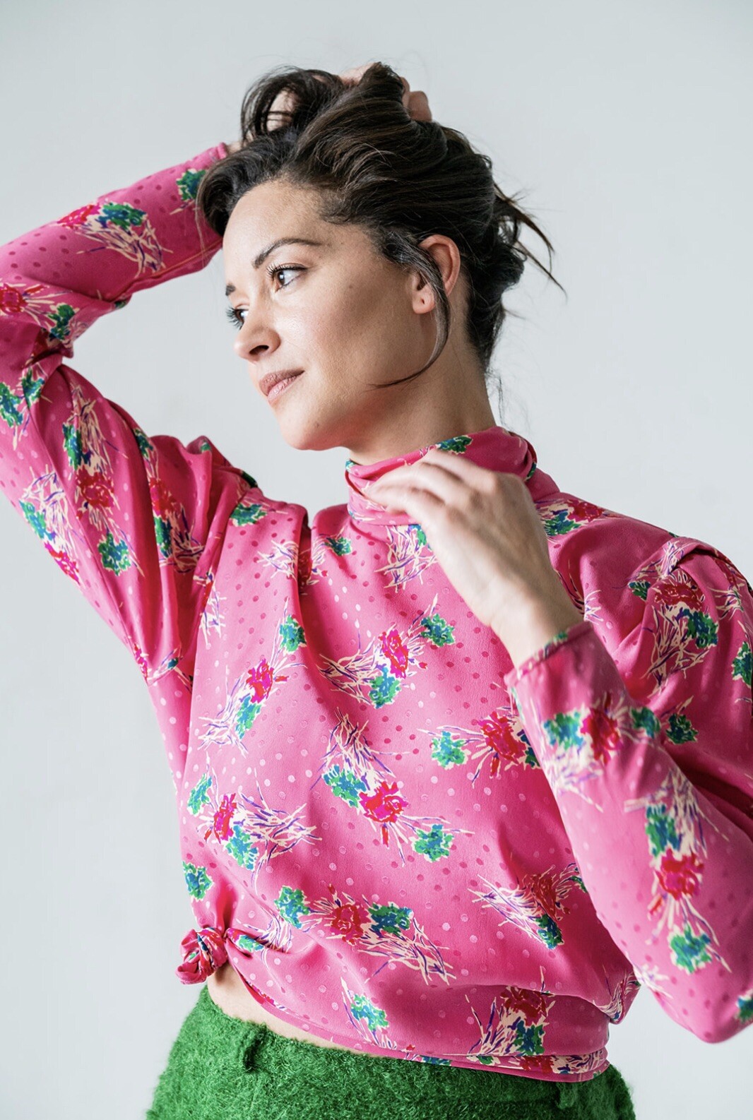 1980’s Emanuel Ungaro Paris High Collared Pink Floral Silk Blouse