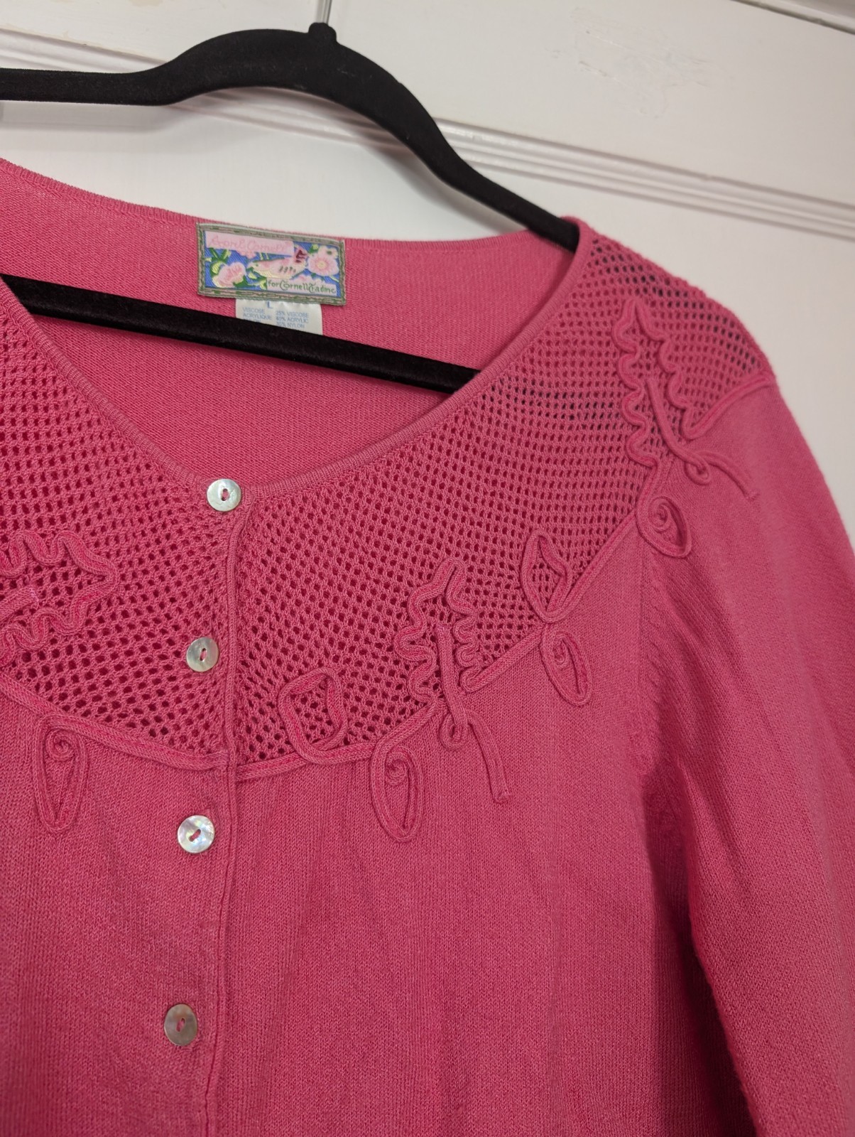Vtg April Cornell Strawberry Embroidered Cardigan L Pink Hong Kong Cottagecore