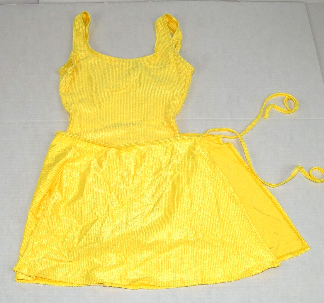 Vintage Swimsuit Skirt 2 Piece Set Catalina S/M Glossy Yellow 90s Ribbed NWOT