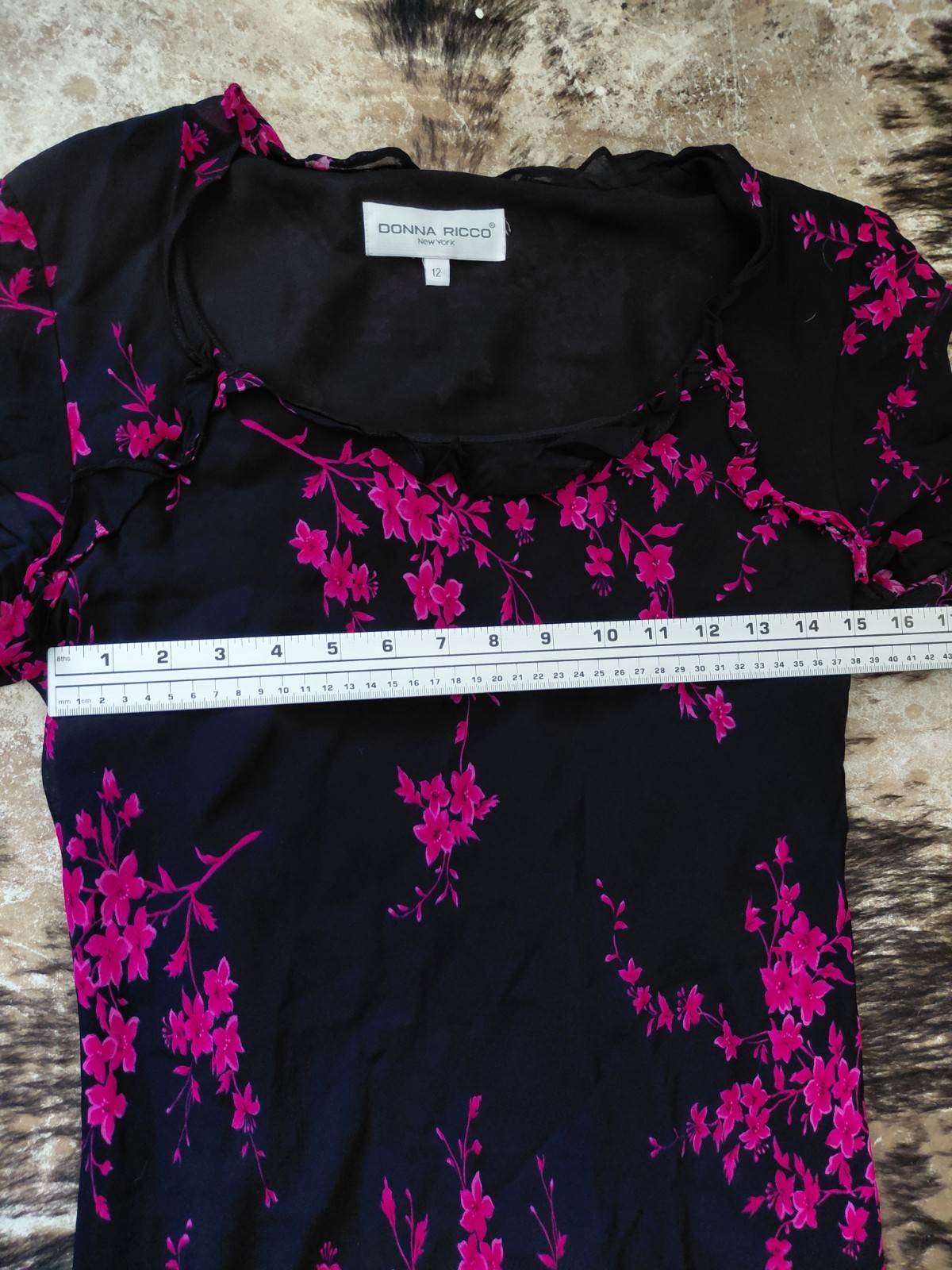 Vintage 90s Black Dress Pink Florals Rouged Sleeves Crinkle Hemlines Size 12