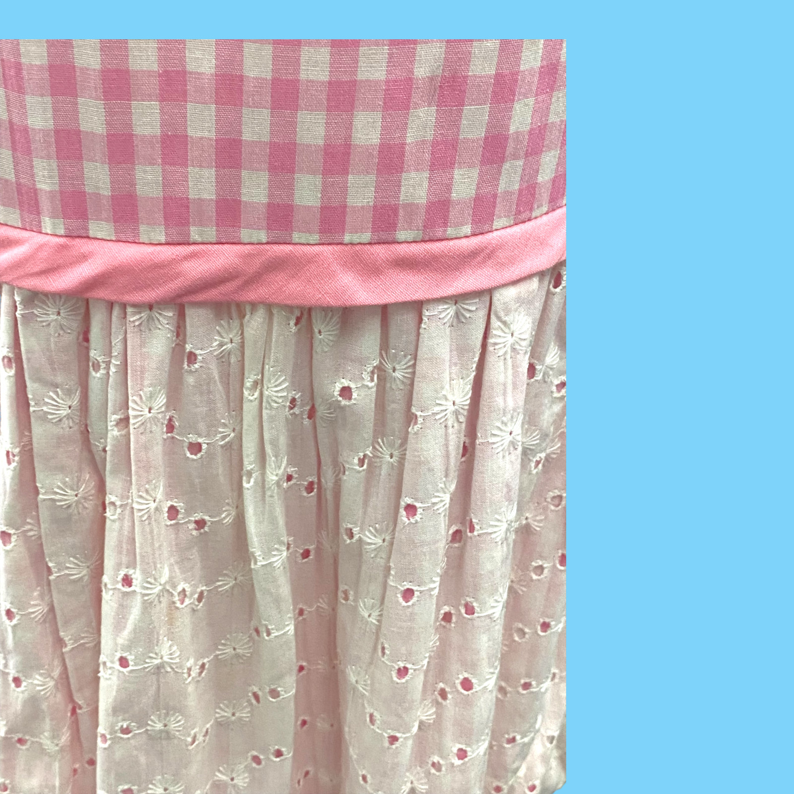 Vintage Pink Gingham Check Drop Waist Dress W/ White Cotton Eyelet Skirt M