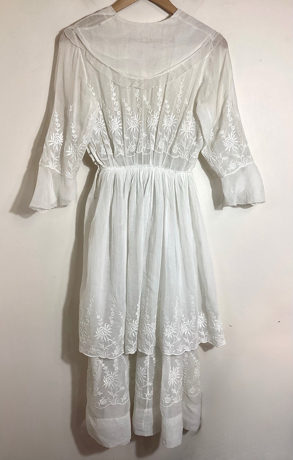 Edwardian 1910s Cotton Gauze Tea Gown Tiered Summer Dress Embroidery Mesh Ruffle
