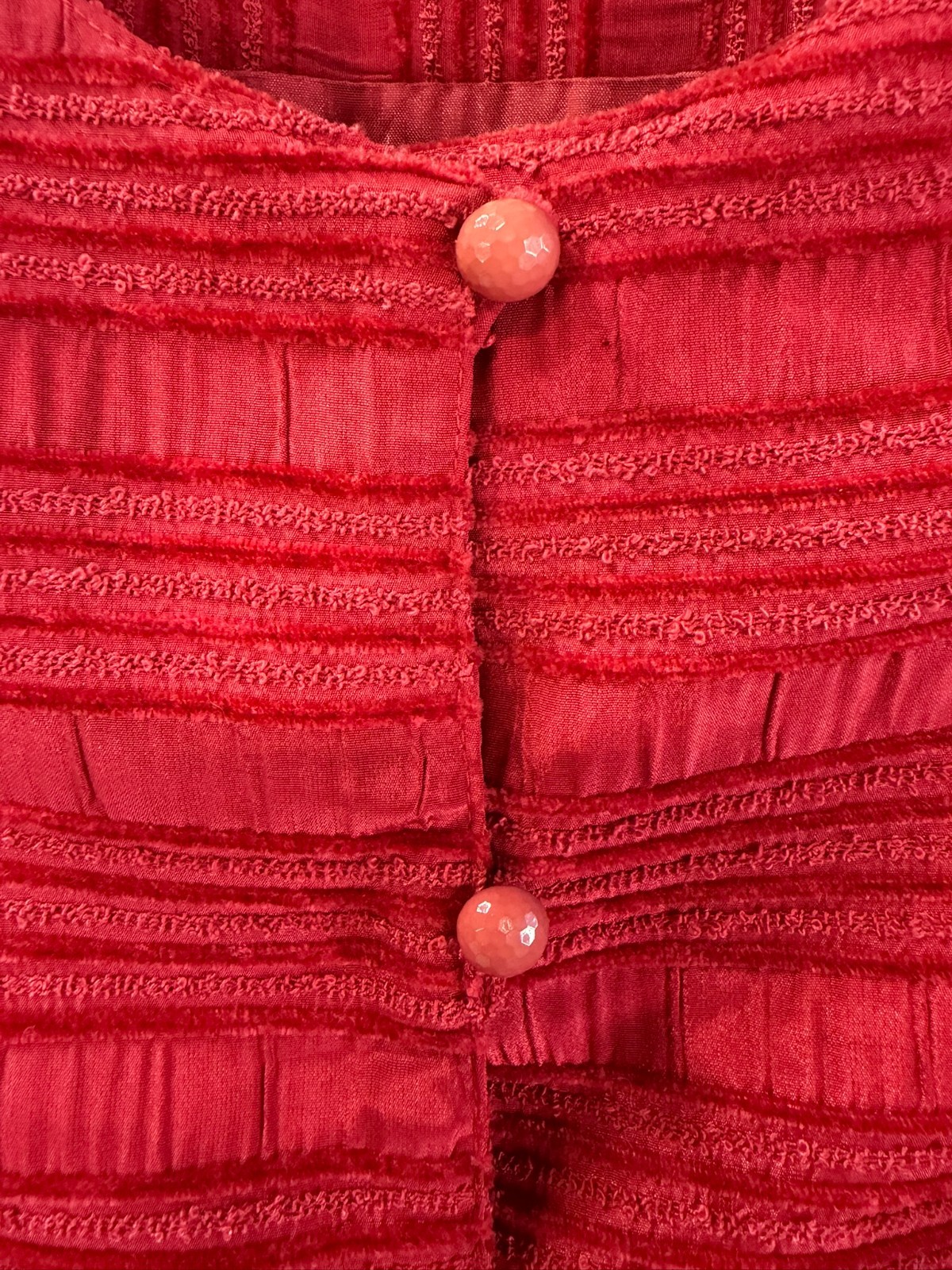 Vintage Red Skirt Suit W/Ruffled Jacket Distinct Horiz. Patt. Size 9 One Piece