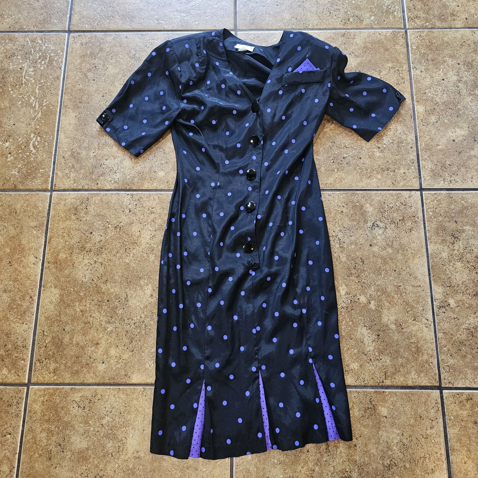 Vintage 80s Scarlett Dress Polka Dot Midi Purple Black Shoulder Pads Button Up