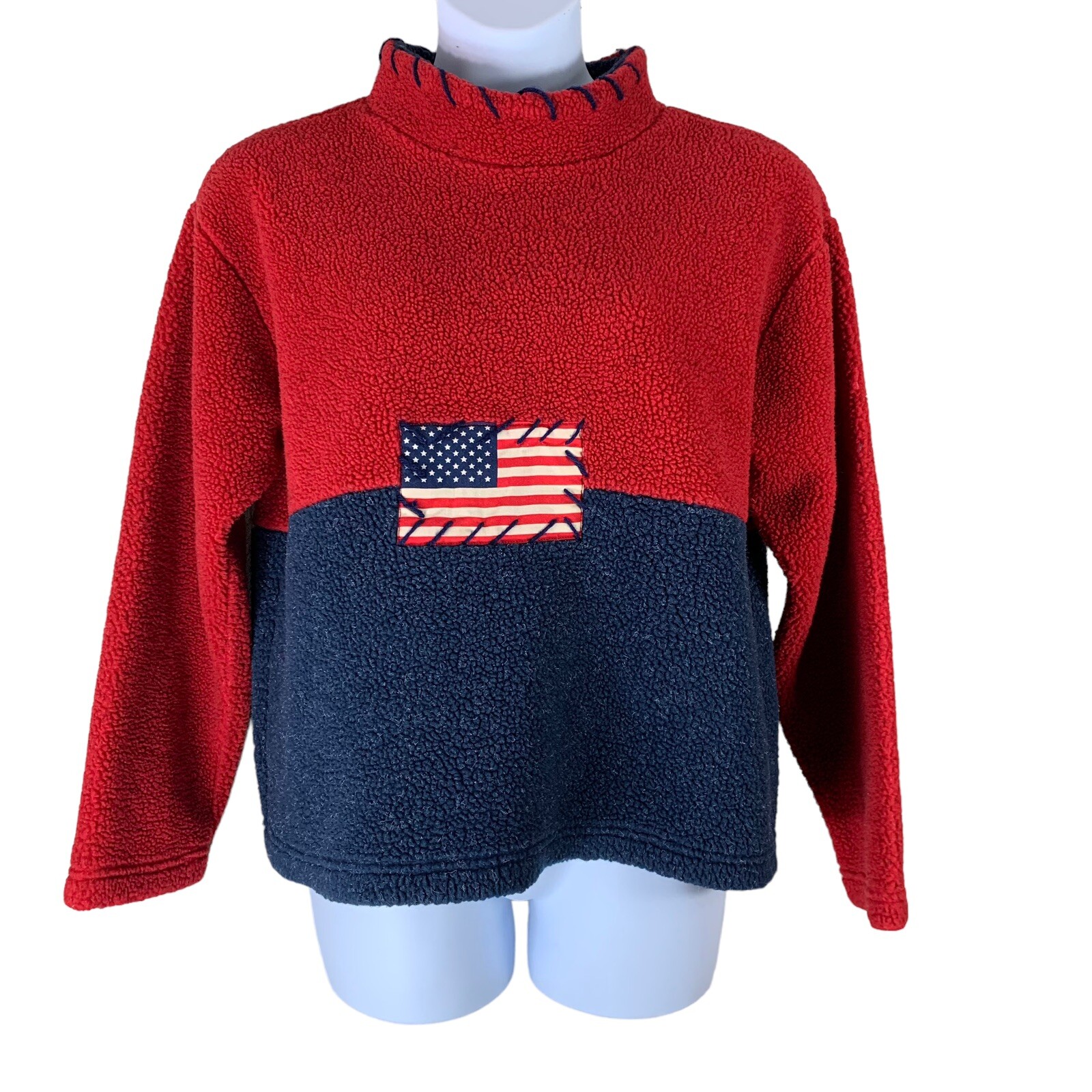 Vintage Fleece Sweatshirt Large Red Blue American Flag Mock Neck Real Comfort