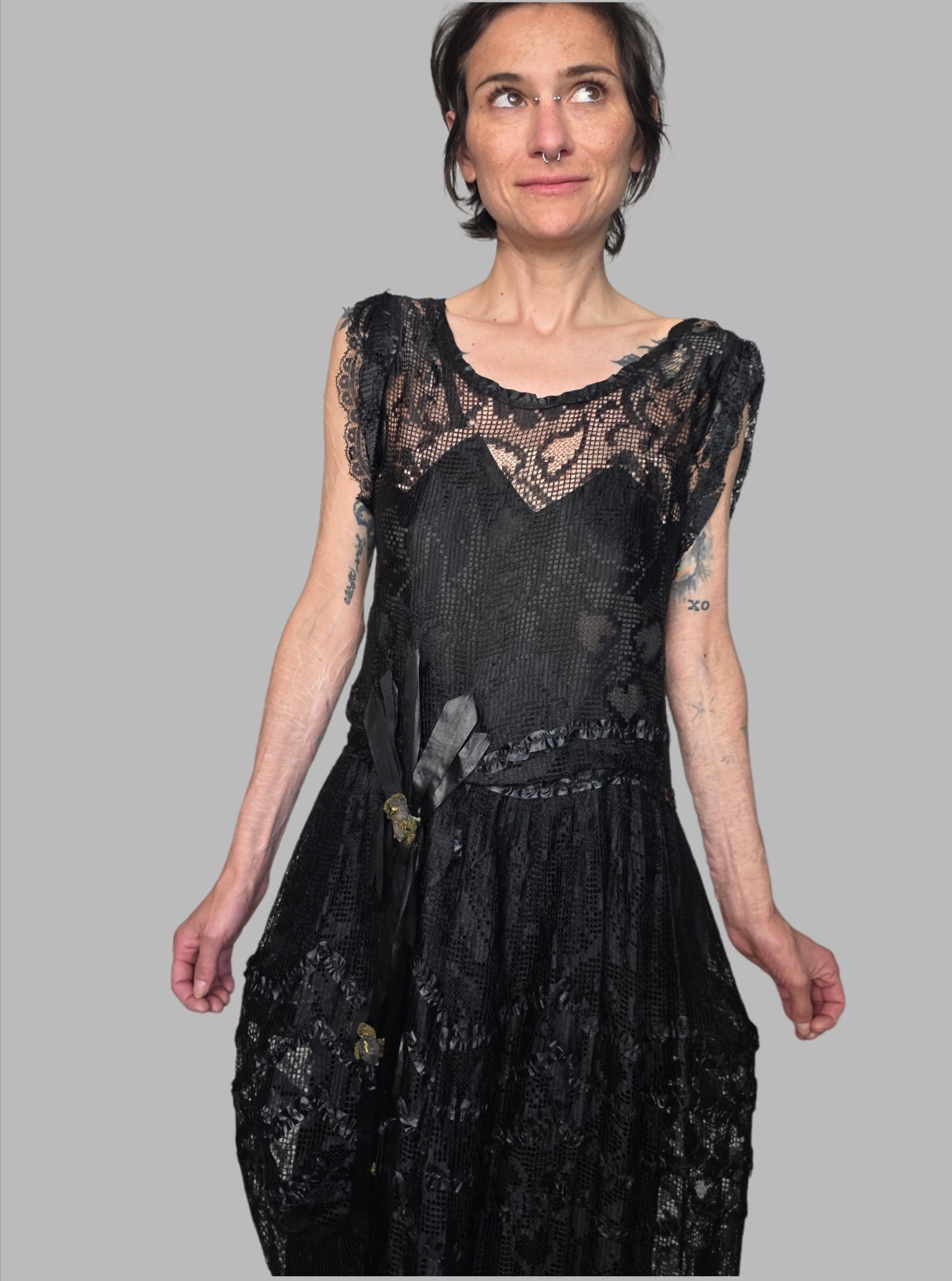 Authentic Edwardian Black Silk Lace Dress | Antique 1910s Drop Waist Gown | Hip