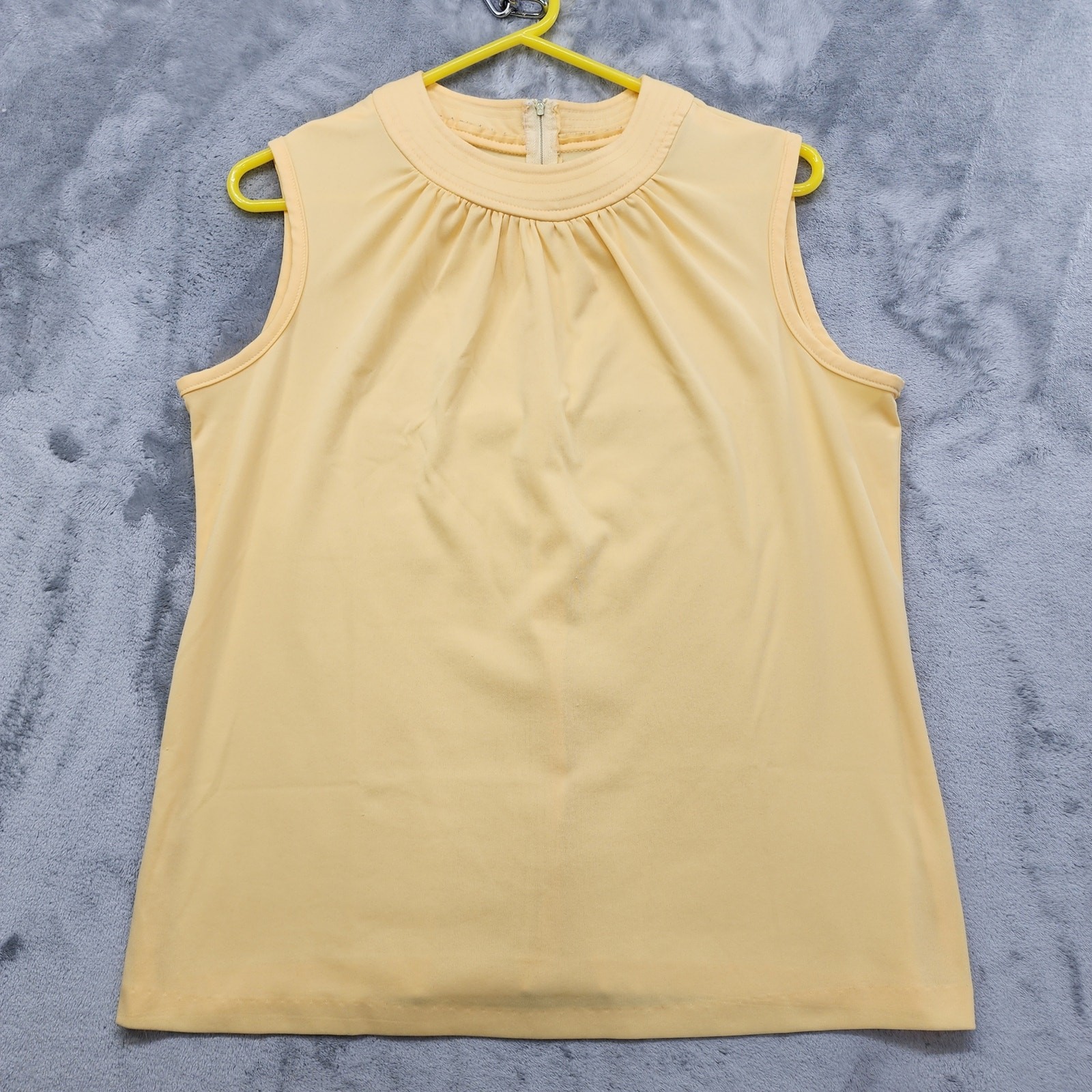 Vintage 70s Crew Neck Pleated Sleeveless Blouse Size L Yellow Back Zip Stretch