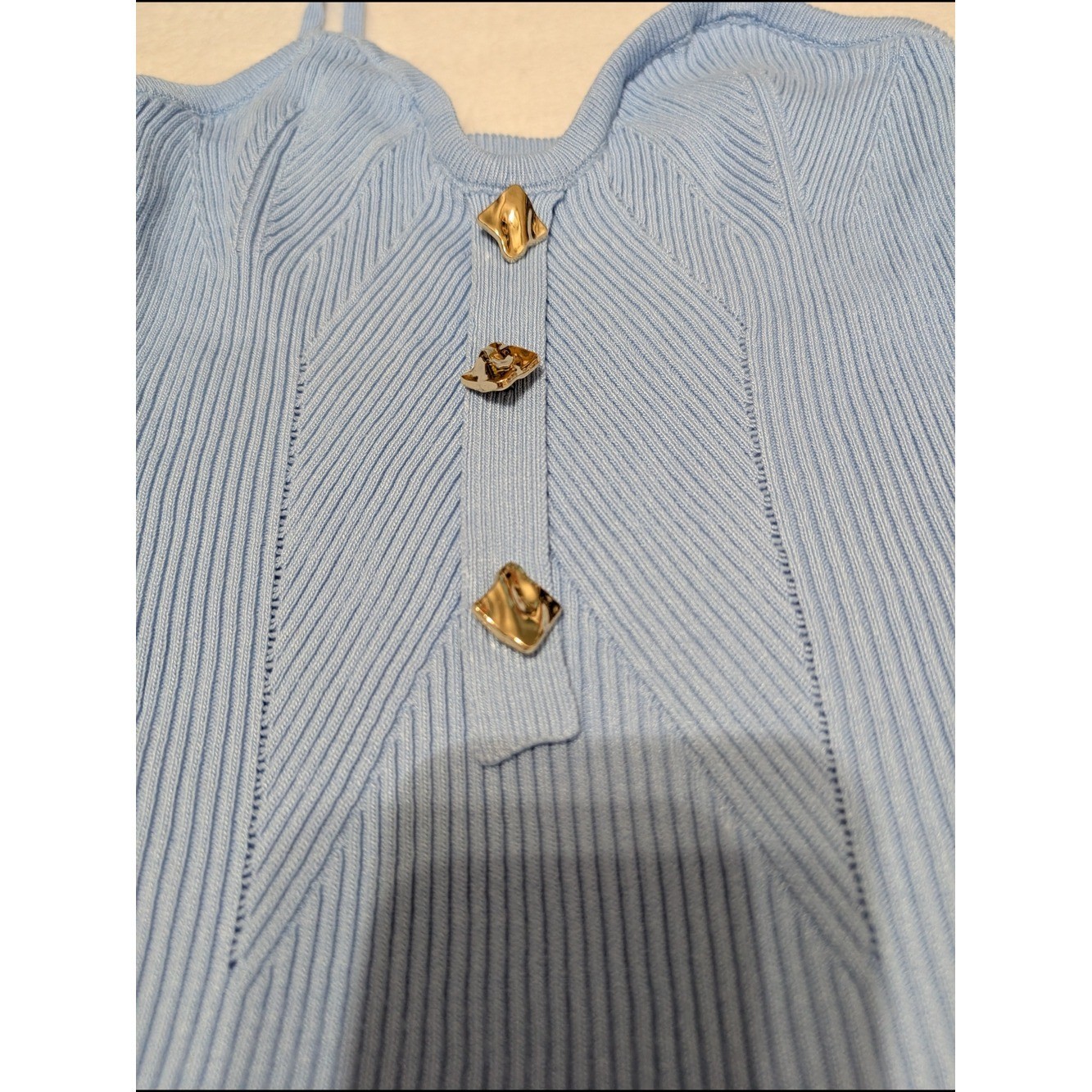 Light Blue Ribbed Knit Cami with Gold Accent Buttons Old Money Business Casual
