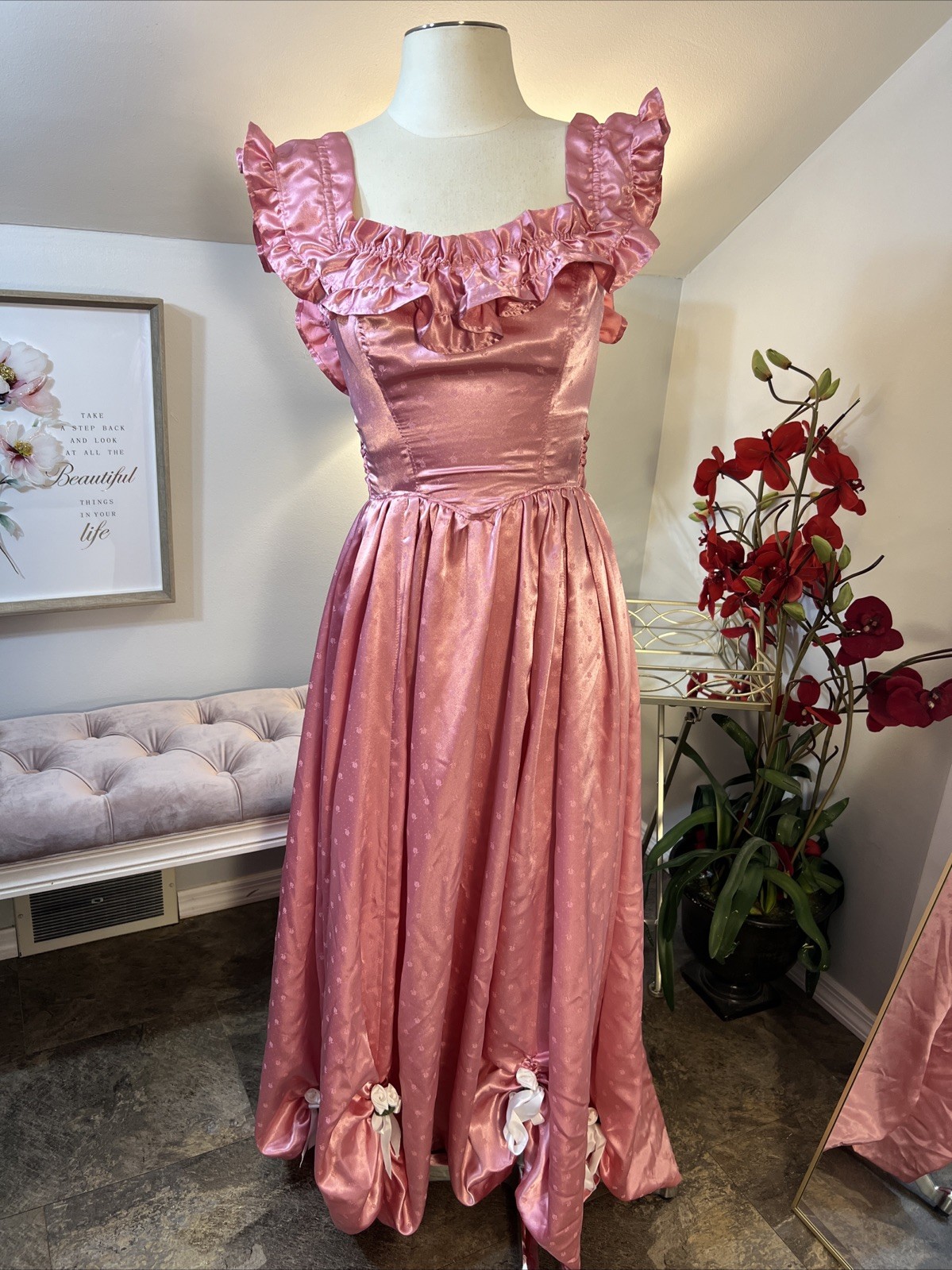Vintage Handmade Pink Satin Gown Ruffle Bustle Bow Cottagecore Size Snall