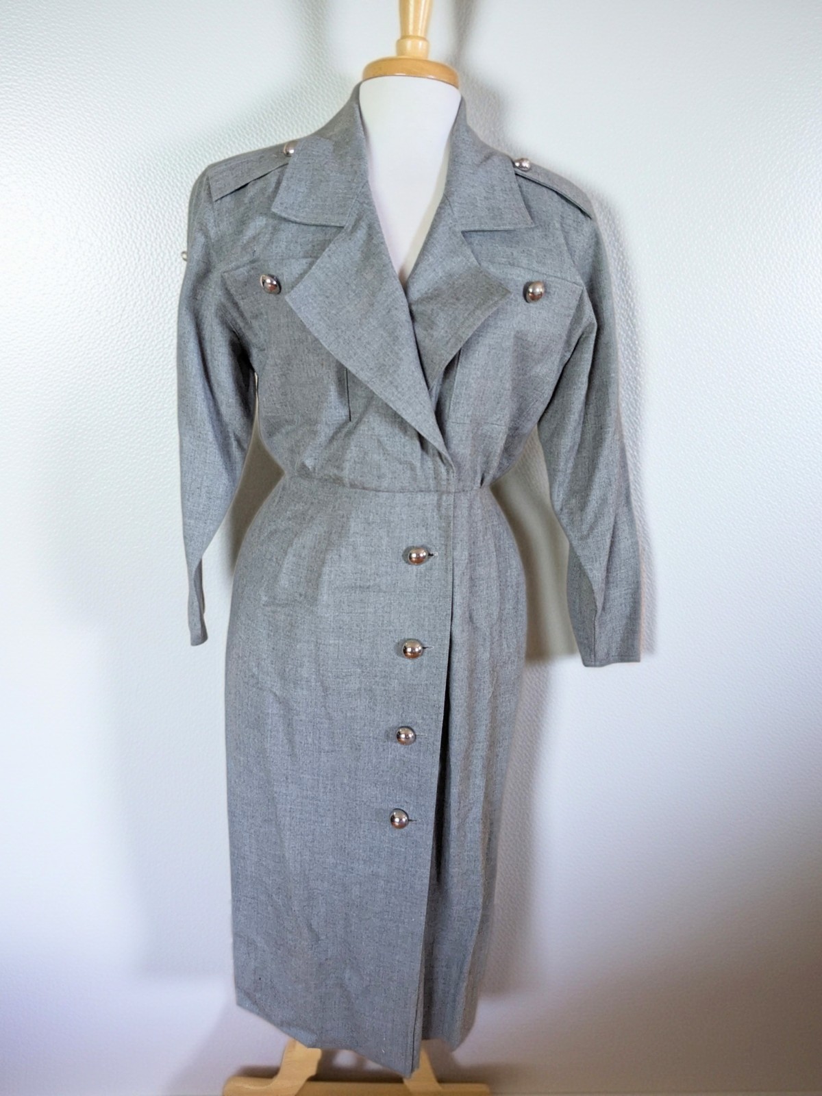 Vintage 80s PSI Couture Gray Marl Coatdress Military Power Dress Midi Epaulets