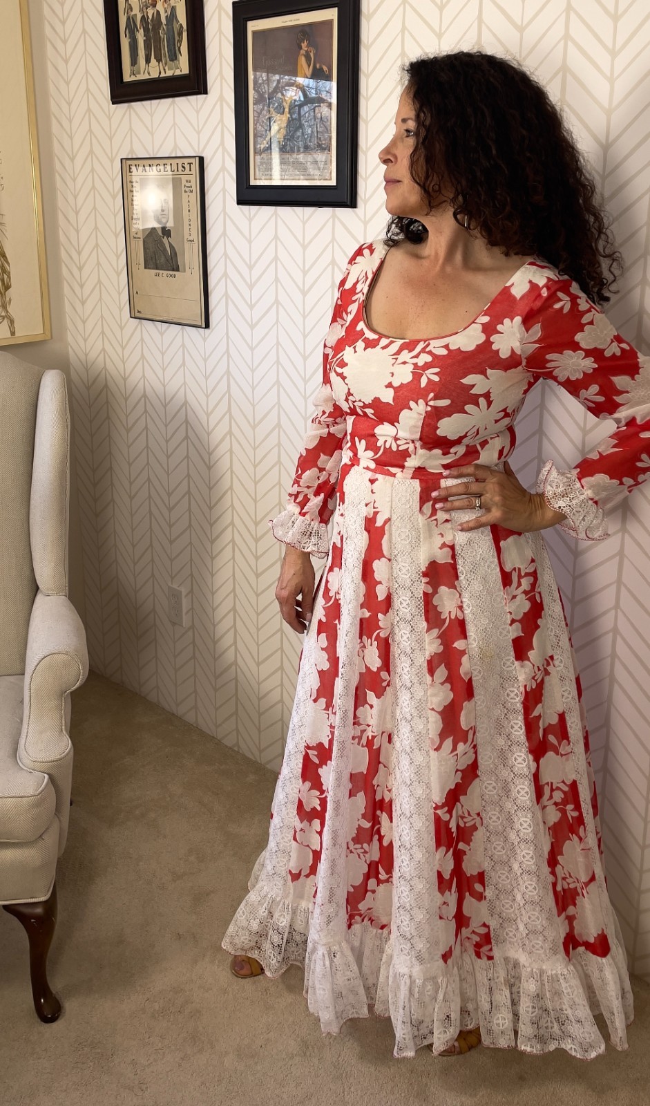 Vintage 70s Unique Full Length Red White Cotton Polyester Lace Dress