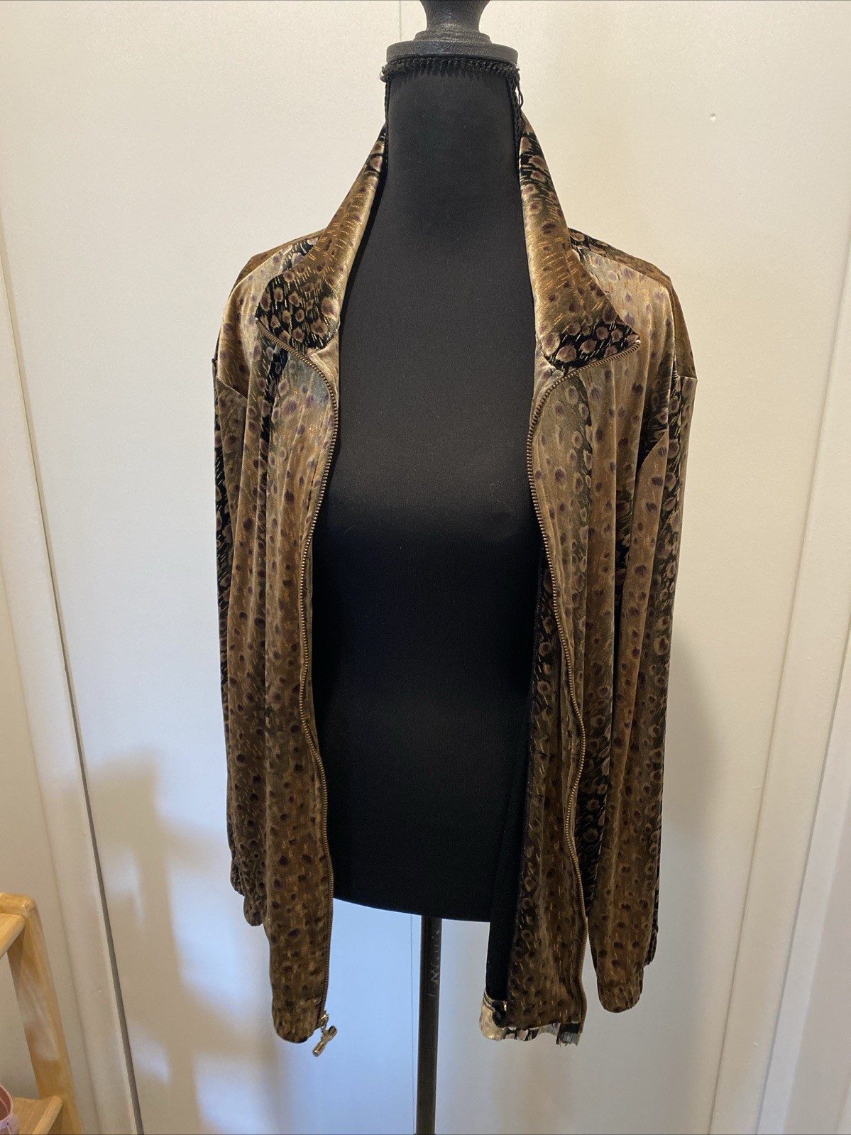 Silver Threads Vintage 80s Metallic Velvet Animal Print Jacket Gold SZ L Made US