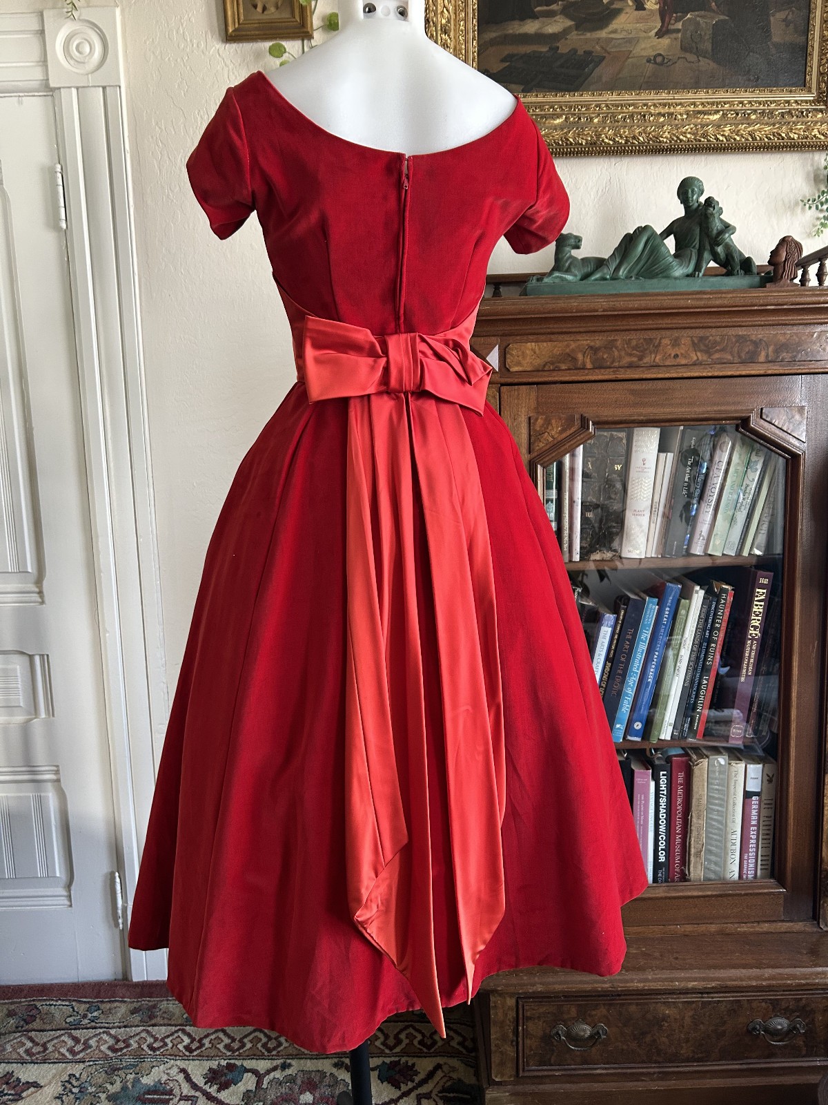 Vintage 1950s Ruby Red Velvet Party Dress Satin Sash Full Skirt XS Formal Bow