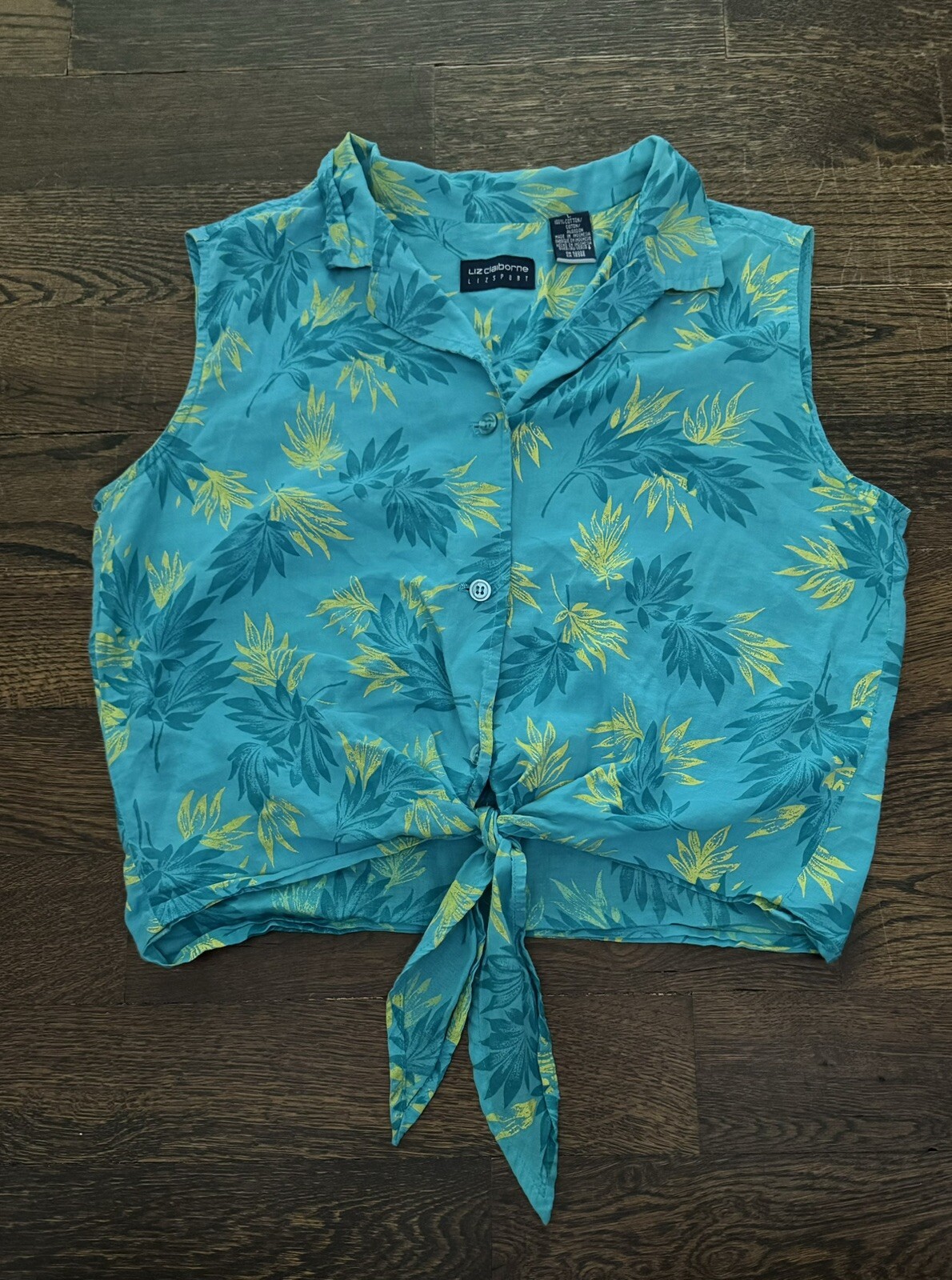 Liz Claiborne Liz Sport Blue Hawaiian Tie Waist Crop Top Blouse Size Large Cute
